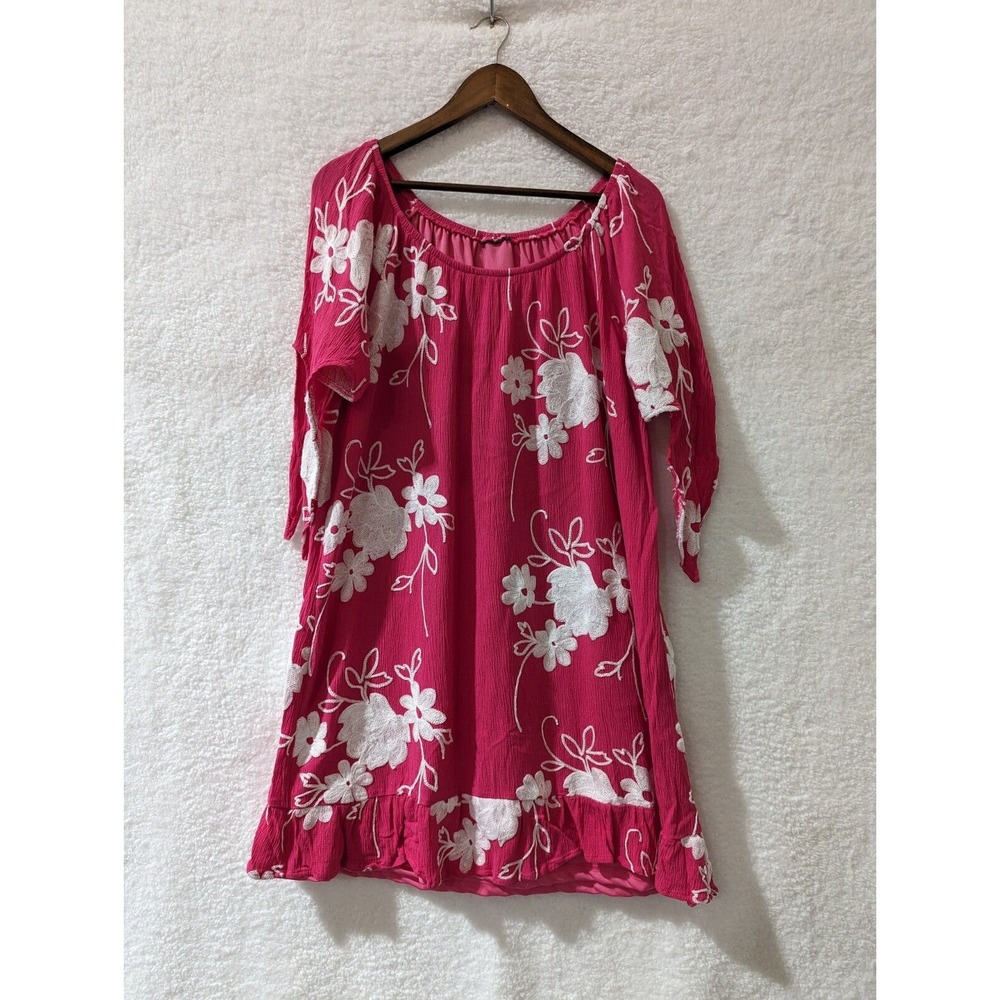 LIV Anthropologie Boho Peasant Dress Embroidered‎ Floral Fuchsia M/L Tagless